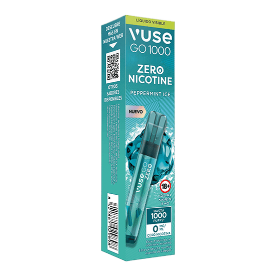 Una caja de vapeo desechable Vuse Go 1000 - Menta Ice de color turquesa de Vuse, con Zero Nicotine, imagen del dispositivo, información del producto, una afirmación "hasta 1000 caladas" y una restricción de edad para mayores de 18 años.
