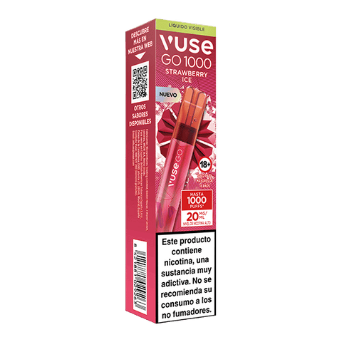 Se muestra una caja rosa de Vuse Go 1000 - Fresa Ice de Vuse, con 1000 caladas, 20mg de potencia de nicotina y una advertencia de nicotina en español en el envase.