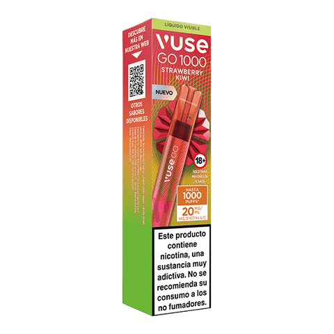Un vaporizador desechable Vuse Go 1000 - Fresa Kiwi de Vuse, con diseño rojo y verde, imagen del producto, etiquetas de advertencia de nicotina y un código QR en el lateral.