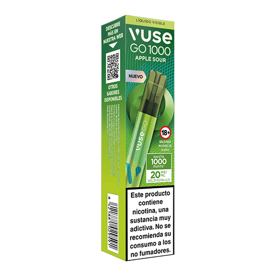 Una caja verde de vapeo desechable Vuse Go 1000 - Manzana Verde con texto en español muestra el dispositivo Vuse, una advertencia sobre la nicotina, la afirmación "hasta 1000 caladas" y un aviso de "sólo para adultos".
