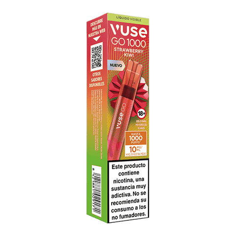El Vuse Go 1000 - Fresa Kiwi de Vuse es un colorido vapeador desechable que ofrece hasta 1000 caladas, 10 mg de nicotina, y muestra una advertencia de nicotina en español en su etiqueta blanca.