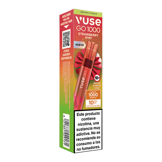 El Vuse Go 1000 - Fresa Kiwi de Vuse es un colorido vapeador desechable que ofrece hasta 1000 caladas, 10 mg de nicotina, y muestra una advertencia de nicotina en español en su etiqueta blanca.