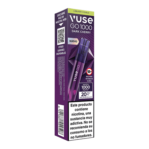 Una caja Vuse Go 1000 - Cereza de la marca Vuse, contiene dos vapers desechables color púrpura con detalles del producto y advertencia de nicotina en español; el sabor cereza resalta en su elegante empaque.