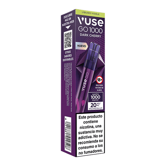 Una caja Vuse Go 1000 - Cereza de la marca Vuse, contiene dos vapers desechables color púrpura con detalles del producto y advertencia de nicotina en español; el sabor cereza resalta en su elegante empaque.