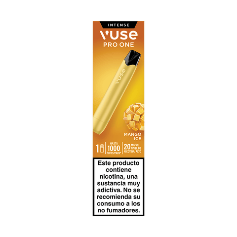 Un Vuse Pro One Pen - Mango Ice de Vuse, un cigarrillo electrónico desechable de color dorado que ofrece hasta 1000 caladas, es perfecto para quienes buscan un sabor refrescante y desean adoptar un enfoque sostenible a la hora de vapear. Advertencia en español: contiene nicotina, no recomendado para no fumadores.
