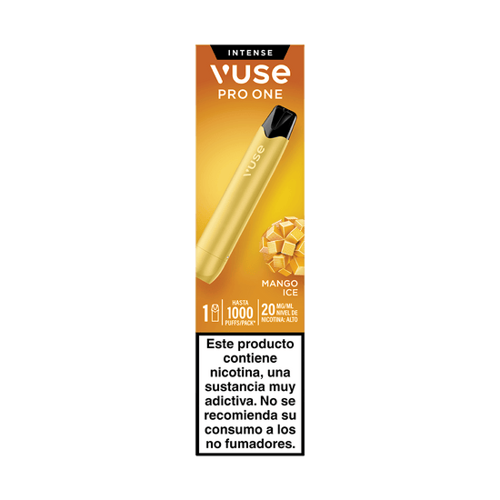 Un Vuse Pro One Pen - Mango Ice de Vuse, un cigarrillo electrónico desechable de color dorado que ofrece hasta 1000 caladas, es perfecto para quienes buscan un sabor refrescante y desean adoptar un enfoque sostenible a la hora de vapear. Advertencia en español: contiene nicotina, no recomendado para no fumadores.