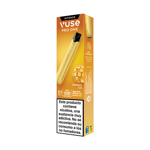 El Vuse Pro One Pen - Mango Ice de Vuse se presenta en un llamativo envase de color amarillo anaranjado, en el que destacan el elegante dispositivo de vapeo, unos tentadores cubitos de mango y una advertencia sobre la nicotina en español; ideal para quienes desean una experiencia de vapeo sostenible con el refrescante sabor a Mango Ice.
