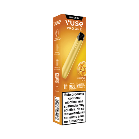 Caja del Vuse Pro One Pen - Mango Ice de Vuse, con un diseño en naranja y amarillo. El envase incluye una advertencia sanitaria en español que indica que el producto contiene nicotina y no se recomienda su uso a personas que no fuman. Ideal para quienes buscan una experiencia de vapeo sostenible.