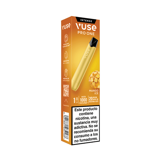 Caja del Vuse Pro One Pen - Mango Ice de Vuse, con un diseño en naranja y amarillo. El envase incluye una advertencia sanitaria en español que indica que el producto contiene nicotina y no se recomienda su uso a personas que no fuman. Ideal para quienes buscan una experiencia de vapeo sostenible.