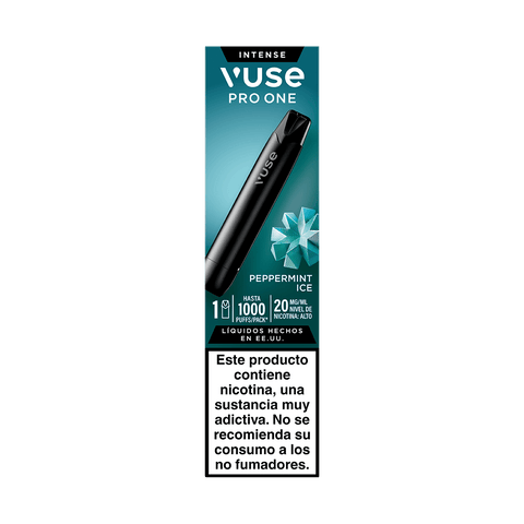El embalaje del Vuse Pro One Pen - Menta Ice de Vuse destaca su elegante diseño en forma de bolígrafo y presenta un llamativo gráfico de menta helada. La caja incluye una advertencia sobre la nicotina en español: «Este producto contiene nicotina, una sustancia muy adictiva». Ideal para quienes buscan una experiencia de vapeo sostenible con el pod de Menta Ice.