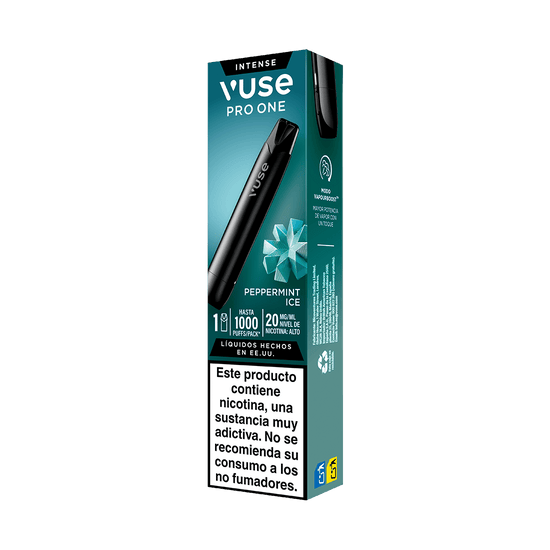 Un paquete del vaporizador Vuse Pro One Pen - Menta Ice que incluye la imagen del elegante dispositivo Vuse Pro One Pen, un icono de menta, detalles del producto sobre la cápsula Menta Ice y una advertencia sobre la nicotina en español en la que se destaca su carácter adictivo y las restricciones para un vapeo responsable.