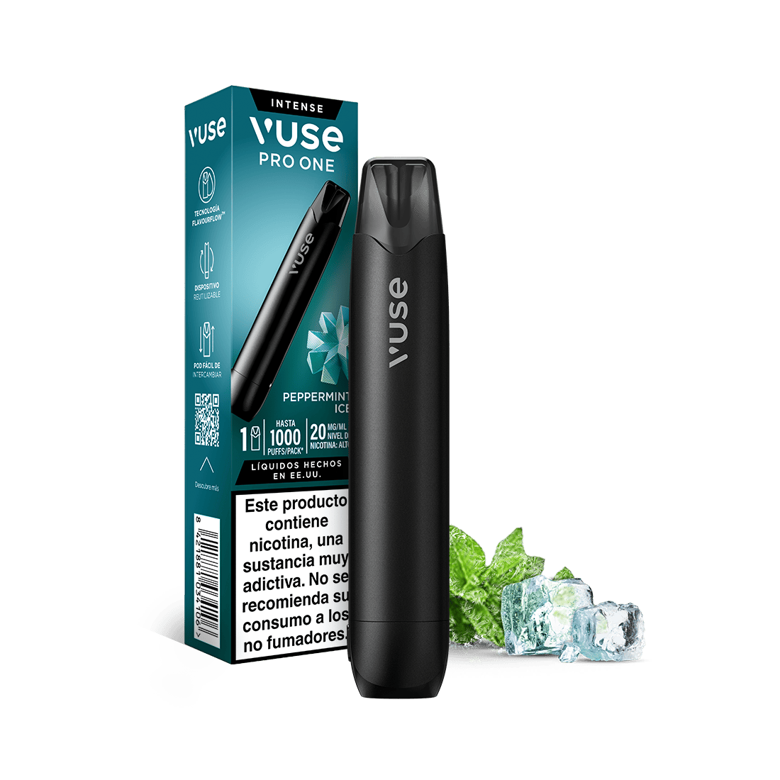 Un Vuse Pro One Pen - Menta Ice se encuentra delante de su caja azul, en la que figuran el nombre del producto y la marca. Junto a él hay cubitos de hielo y hojas de menta, que evocan una sensación fresca y refrescante. El envase, en el que se incluyen detalles del producto y advertencias en español, destaca a Vuse como la opción de vapeo sostenible para quienes buscan un sabor refrescante y responsable.