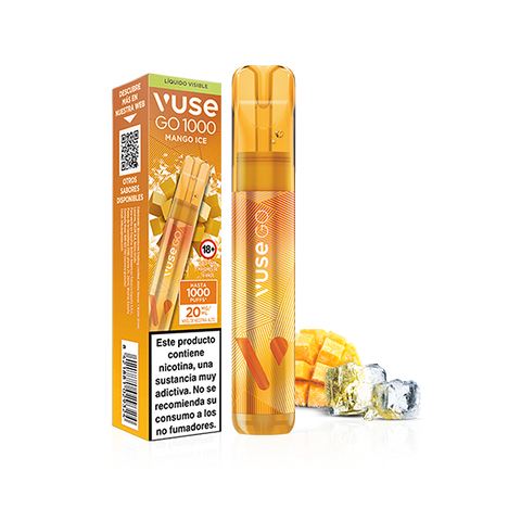 El vapeador desechable Vuse Go 1000 - Mango Ice y su envase se muestran con rodajas de mango y hielo, destacando las 1000 caladas, la potencia de nicotina de 20 mg/ml, la marca Vuse y una advertencia de nicotina en español en la caja.