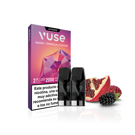 Vuse Pods: paquete Berry Tropical Fusion que incluye dos cápsulas de recambio, una de granada y otra de mora.