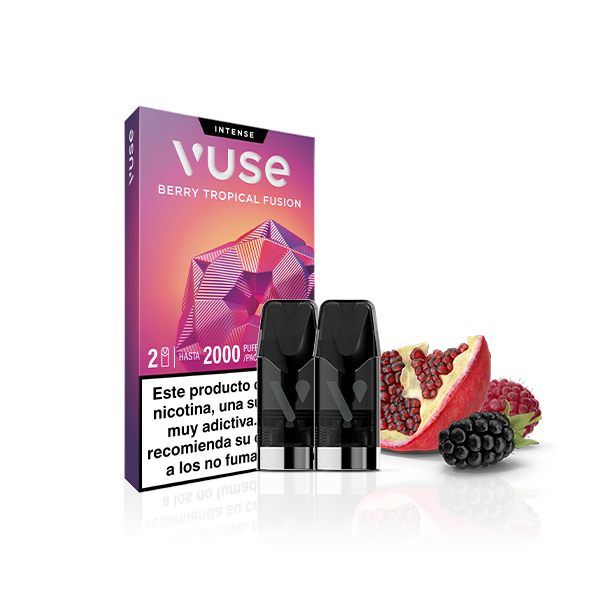 Vuse Pods: paquete Berry Tropical Fusion que incluye dos cápsulas de recambio, una de granada y otra de mora.