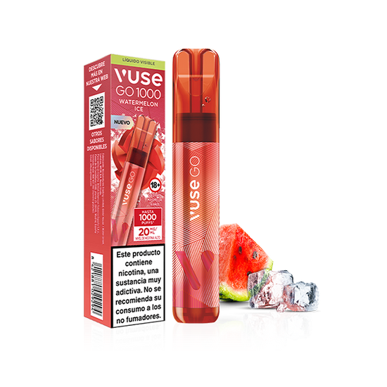 El vaporizador desechable Red Vuse Go 1000 - Sandía Ice y el envase se muestran con rodajas de sandía y cubitos de hielo. El envase muestra una advertencia sanitaria en español y un código QR. El dispositivo lleva la marca Vuse en blanco.