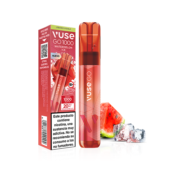 El vaporizador desechable Red Vuse Go 1000 - Sandía Ice y el envase se muestran con rodajas de sandía y cubitos de hielo. El envase muestra una advertencia sanitaria en español y un código QR. El dispositivo lleva la marca Vuse en blanco.
