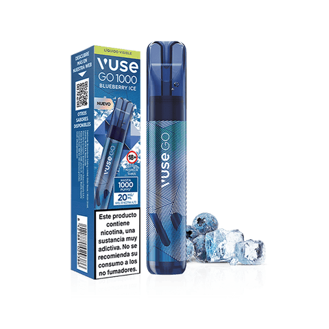 Vuse Go 1000 - Arándano Ice de la marca Vuse. Vaper desechable con empaque que incluye información del producto y advertencia de nicotina en español, junto a imágenes de cubos de hielo y arándanos frescos.