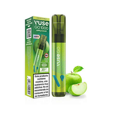 Un Vuse Go 1000 - Manzana Verde de Vuse, en envase verde, se muestra junto a una manzana verde entera y rodajas. En la caja se destacan los detalles del producto, las advertencias y una imagen del vapeador desechable.