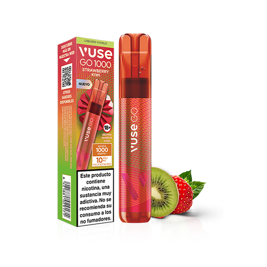 Un vapeador desechable Vuse Go 1000 - Fresa Kiwi de Vuse junto a su caja, con un kiwi y una fresa en rodajas a su lado. El envase muestra advertencias y detalles del producto en español.