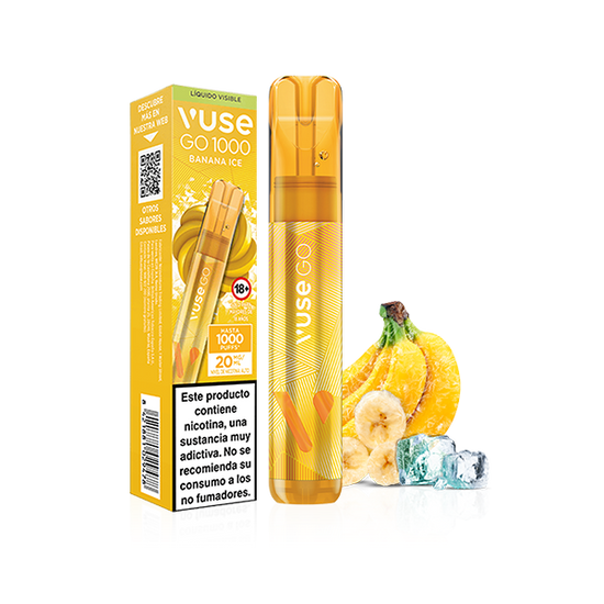 El Vuse Go 1000 - Banana Ice de Vuse es un vapeador desechable amarillo, a menudo mostrado con una caja y cubitos de hielo.