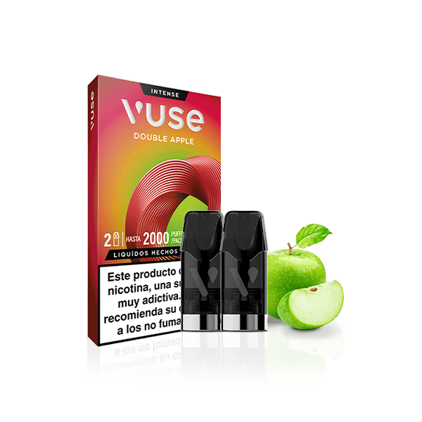 Dos Vuse Pods - Doble Manzana de Vuse se muestran delante de su colorida caja, junto a una manzana verde entera y una manzana en rodajas. El envase incluye una advertencia sobre la nicotina en español.