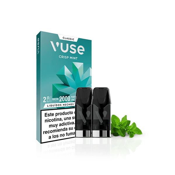 Una caja de Vuse Pods - Menta de Vuse se muestra con dos vainas negras, hojas de menta fresca y una etiqueta de advertencia de nicotina española sobre un fondo blanco.