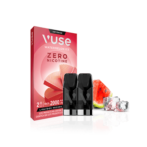 Vuse Pods - Sandía Ice de Vuse: Un envase con dos vainas expuestas al frente, rodeadas de rodajas de sandía y cubitos de hielo sobre fondo blanco.
