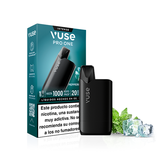 El Vuse Pro One Box - Menta Ice de Vuse se muestra con hojas de menta y cubitos de hielo. El envase muestra características como 1000 caladas, 20mg/mL de nicotina, recargas Vuse, sabor a menta y una advertencia visible de nicotina en español.