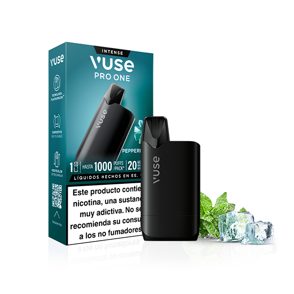 El Vuse Pro One Box - Menta Ice de Vuse se muestra con hojas de menta y cubitos de hielo. El envase muestra características como 1000 caladas, 20mg/mL de nicotina, recargas Vuse, sabor a menta y una advertencia visible de nicotina en español.