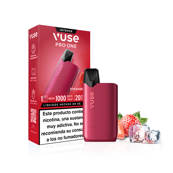 Un dispositivo reutilizable Vuse Pro One de color rojo con su caja a juego Vuse Pro One Box - Fresa Ice, rodeado de fresas, cubitos de hielo y recargas Vuse. La caja muestra advertencias sobre la adicción a la nicotina en español.