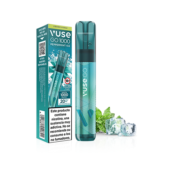 Un vaporizador desechable Vuse Go 1000 - Menta Ice junto a su caja verde azulado, ambos con hojas de menta, cubitos de hielo y advertencias en español. El dispositivo y el envase presentan texto y gráficos en blanco. Marca: Vuse.