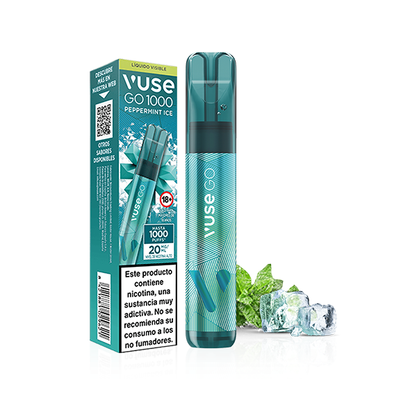 Un vaporizador desechable Vuse Go 1000 - Menta Ice junto a su caja verde azulado, ambos con hojas de menta, cubitos de hielo y advertencias en español. El dispositivo y el envase presentan texto y gráficos en blanco. Marca: Vuse.