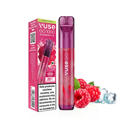 Vuse Go 1000 - Frambuesa Ice de Vuse mostrada con su envase, frambuesas frescas y cubitos de hielo. La caja advierte de que el producto contiene nicotina y no está destinado a los no fumadores.