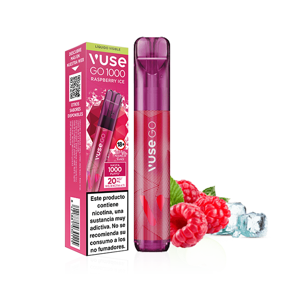 Vuse Go 1000 - Frambuesa Ice de Vuse mostrada con su envase, frambuesas frescas y cubitos de hielo. La caja advierte de que el producto contiene nicotina y no está destinado a los no fumadores.