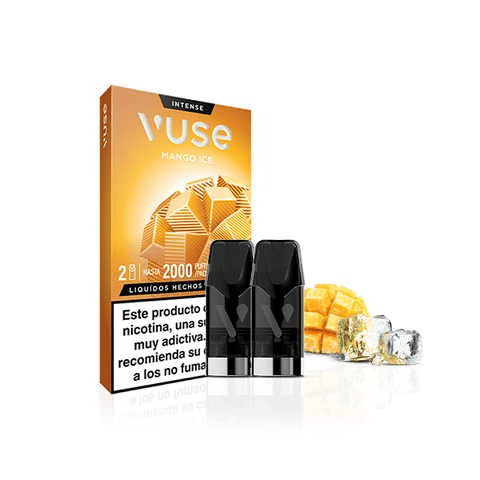 Vuse Pods - Mango Ice de Vuse se presenta en una caja con dos cápsulas, rodajas de mango y cubitos de hielo sobre un fondo blanco. El envase tiene un diseño geométrico de mango y muestra una advertencia de nicotina en español.