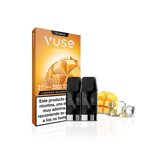 Vuse Pods - Mango Ice de Vuse se presenta en una caja con dos cápsulas, rodajas de mango y cubitos de hielo sobre un fondo blanco. El envase tiene un diseño geométrico de mango y muestra una advertencia de nicotina en español.