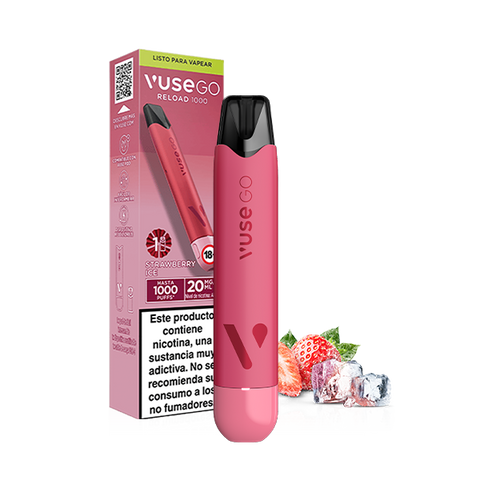 Un vape Vuse Go Reload 1000 - Fresa Ice de Vuse se muestra delante de su envase con fresas y cubitos de hielo a su lado. La caja presenta "recargas de sabor" y advertencias sanitarias en español.