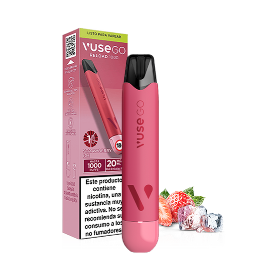 Un vape Vuse Go Reload 1000 - Fresa Ice de Vuse se muestra delante de su envase con fresas y cubitos de hielo a su lado. La caja presenta "recargas de sabor" y advertencias sanitarias en español.