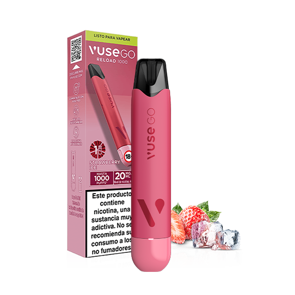 Un vape Vuse Go Reload 1000 - Fresa Ice de Vuse se muestra delante de su envase con fresas y cubitos de hielo a su lado. La caja presenta "recargas de sabor" y advertencias sanitarias en español.