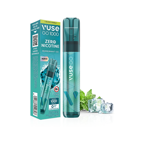 Disfruta del refrescante sabor Menta Ice con el vaporizador desechable Vuse Go 1000 - Menta Ice de Vuse, con un elegante diseño etiquetado en azul.