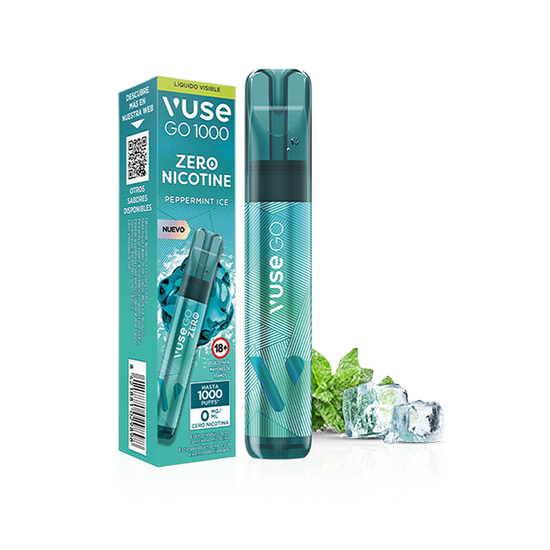 Disfruta del refrescante sabor Menta Ice con el vaporizador desechable Vuse Go 1000 - Menta Ice de Vuse, con un elegante diseño etiquetado en azul.