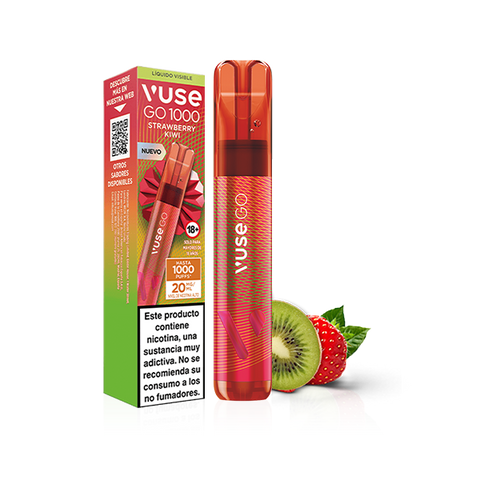 Un Vuse Go 1000 - Fresa Kiwi de la marca Vuse aparece junto a su caja, una fresa fresca y un kiwi cortado. El empaque muestra advertencias e información del producto en español.