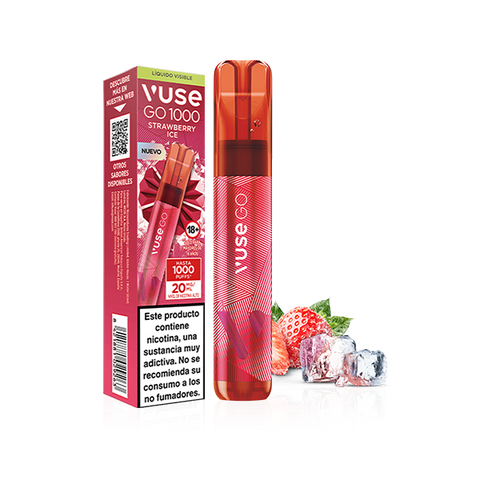 Vuse Go 1000 - Fresa Ice vapeador desechable de Vuse, mostrado con embalaje, fresas frescas y cubitos de hielo. La caja muestra una advertencia de nicotina en español e información clave del producto.
