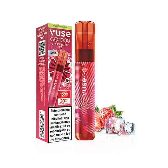 Vuse Go 1000 - Fresa Ice vapeador desechable de Vuse, mostrado con embalaje, fresas frescas y cubitos de hielo. La caja muestra una advertencia de nicotina en español e información clave del producto.
