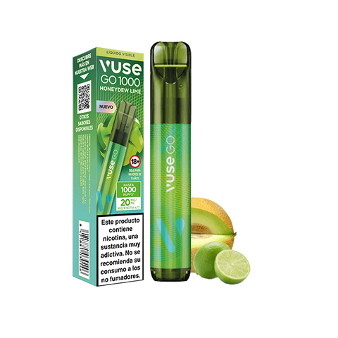 Vuse Go 1000 - Lima Melón dispositivo de vapeo y el envase cuentan con imágenes de la fruta y una etiqueta de advertencia de nicotina español. Marca: Vuse.
