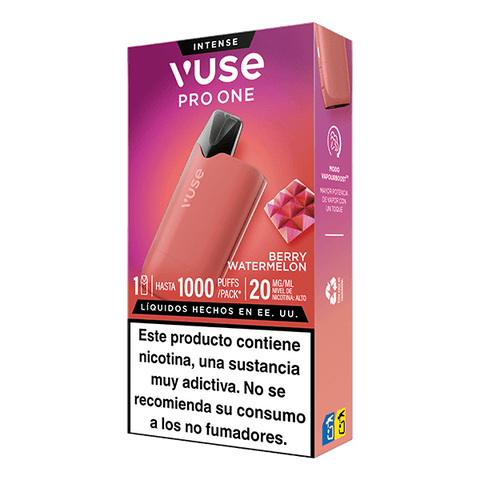 Caja Vuse Pro One - Frutos Rojos y Sandía, compatible con recargas Vuse. Incluye info: hasta 1000 inhalaciones, 20 mg/ml de nicotina. Advertencia: "Este producto contiene nicotina. No se recomienda a no fumadores.