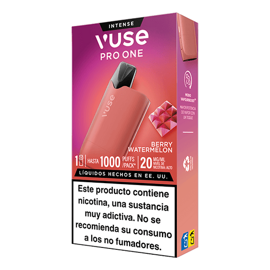 Caja Vuse Pro One - Frutos Rojos y Sandía, compatible con recargas Vuse. Incluye info: hasta 1000 inhalaciones, 20 mg/ml de nicotina. Advertencia: "Este producto contiene nicotina. No se recomienda a no fumadores.