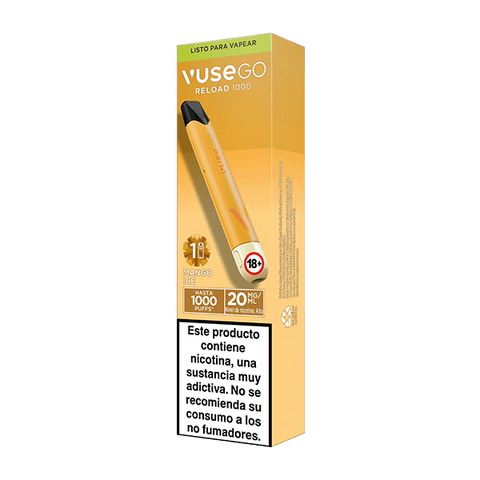 Vuse Go Reload 1000 - Mango Ice, dispositivo recargable de la marca Vuse con 20 mg/ml de nicotina. Incluye advertencia en español y no se recomienda para no fumadores. Compatible con recargas saborizadas.