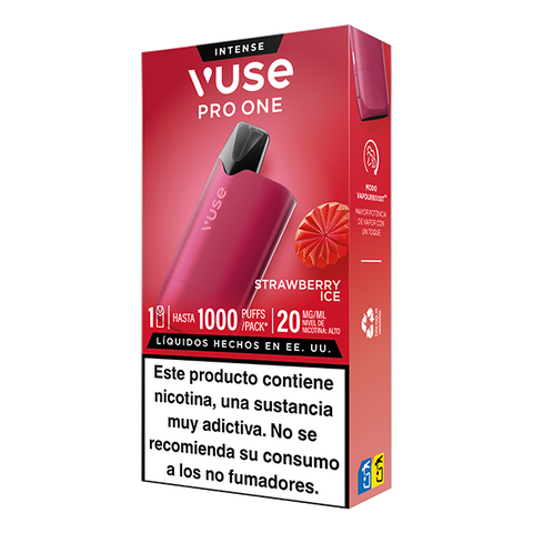 Vuse Pro One Box - Fresa Ice de Vuse es un dispositivo reutilizable compatible con recargas, ofrece hasta 1000 caladas y 20 mg/mL de nicotina. Advertencia: "Este producto contiene nicotina, una sustancia muy adictiva...".